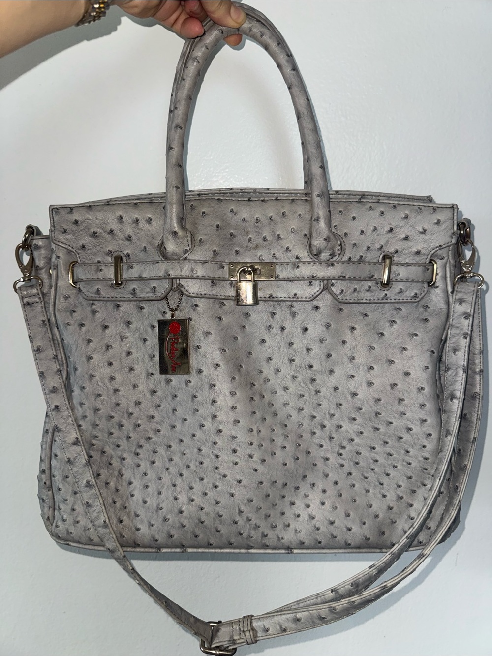 Penelope Ann Grey Ostrich Embossed Large Satchel handbag